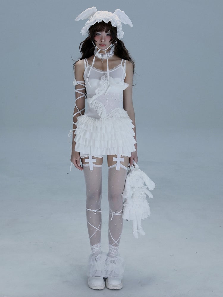 Lace-trimmed with Multi-Layer Ballet-Inspired Hem Cami White Star Top Ruffle Rhinestone