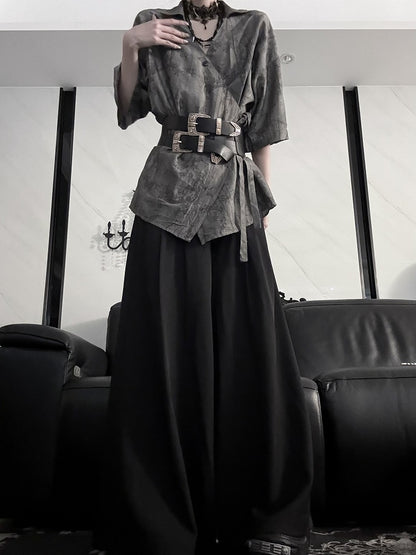 Shirt Plum Short Style Blossom Cheongsam Self-tie Print Belt Sleeve with