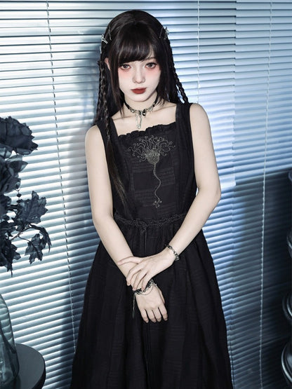 Black Square Neck Sleeveless Dress Sea Lily Embroidery