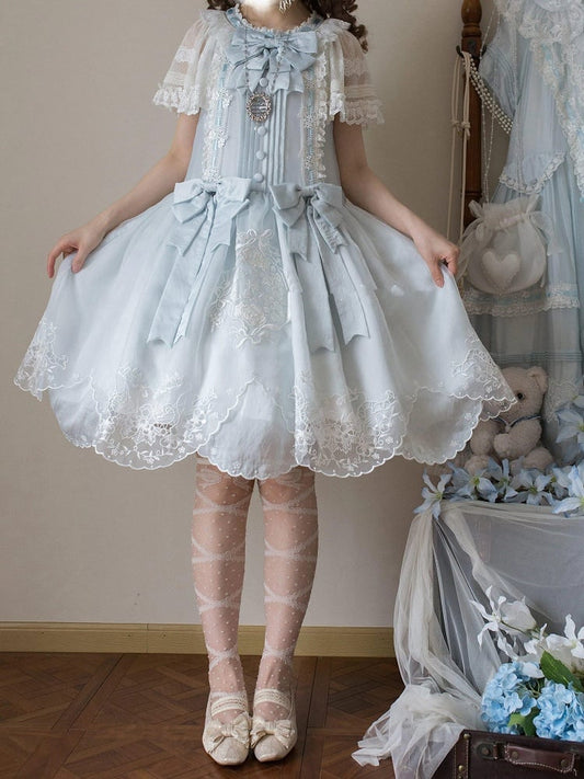 Blue Flutter Sleeve Lolita Dress with Bows and Scallop Trim