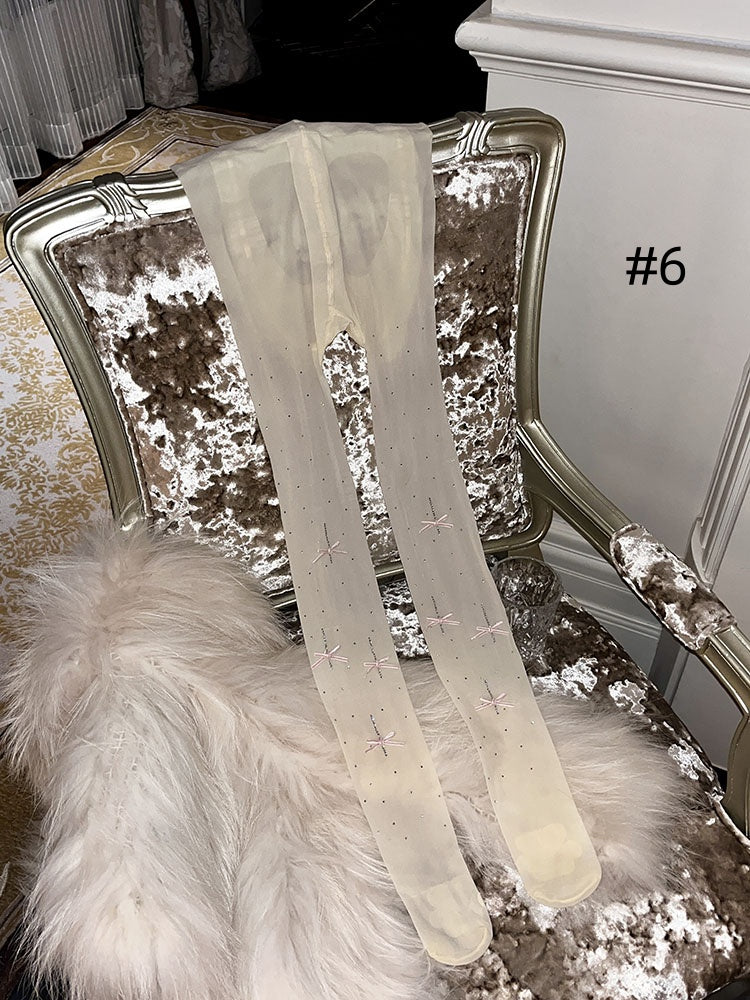 ラインストーンリボンドット柄タイツ