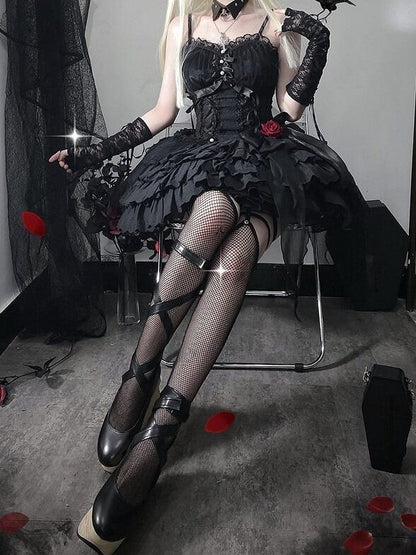Black Sweetheart Neckline Corset Waist Jacquard Kuro Lolita Jumper Skirt with Rosette Accent - Unknown Star