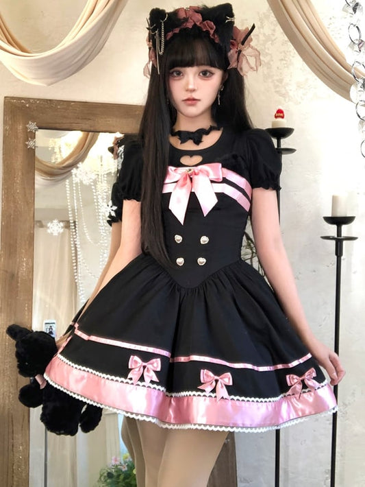 Schwarz-rosa Katzenohren Schleife Akzente Basken Taille Süßes Kleid Lolita Pullover Rock