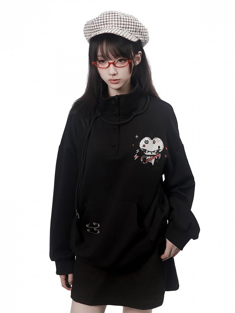 Stand Collar Sweatshirt in Black with Cartoon Mouse Print and Safety Pin Detail - PINK SAVIOR