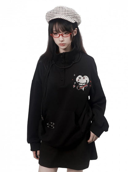 Stand Collar Sweatshirt in Black with Cartoon Mouse Print and Safety Pin Detail - PINK SAVIOR