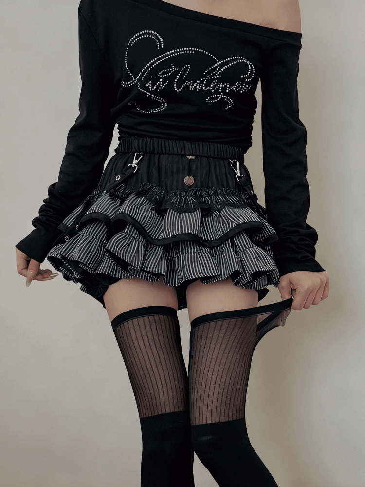 White Black / Striped Stockings with Vertical Semi-sheer Cuff