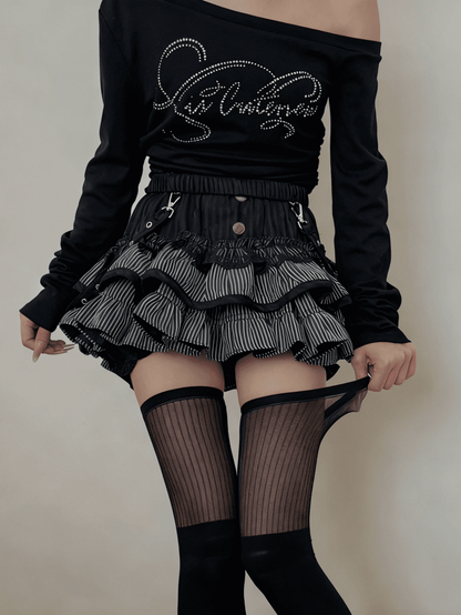 White Black / Striped Stockings with Vertical Semi-sheer Cuff