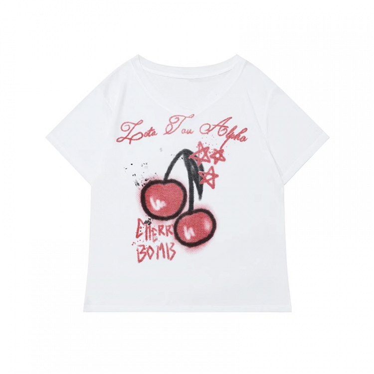 White V-Neck Cherry Print Semi-sheer Coverup