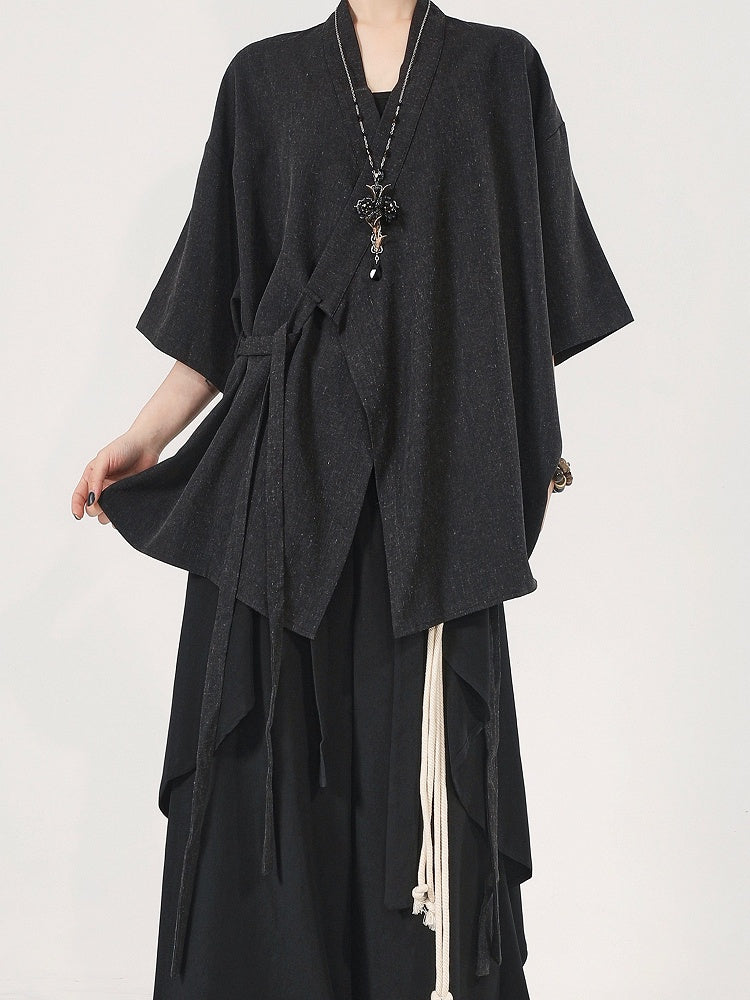 Top Style Black Chinese Neckline with Crossover Sleeves Short