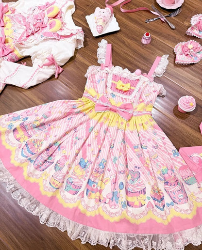 Trim Flutter and Sleeves Yellow Lolita JSK Cupcake with Dress Prints Sweet Lace Pink