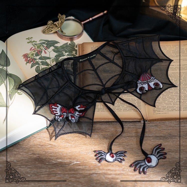 Organza Moth Brooch Spider Web Embroidery Butterfly with and Black Detachable Fake Collar