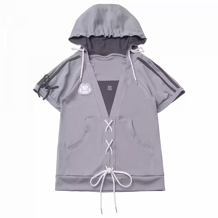 Grey Faux Two-pieces Hooded T-Shirt Lace-up Detail