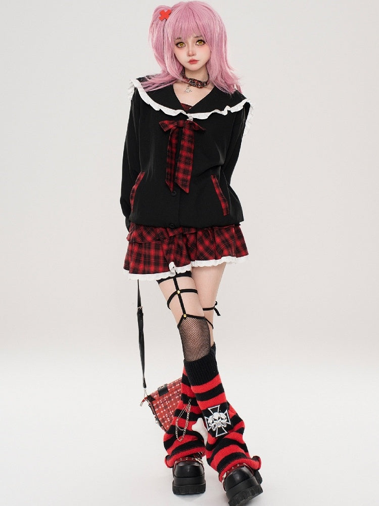 Y2K Black Sailor Collar Top with Red Plaid Tiered Skirt Set