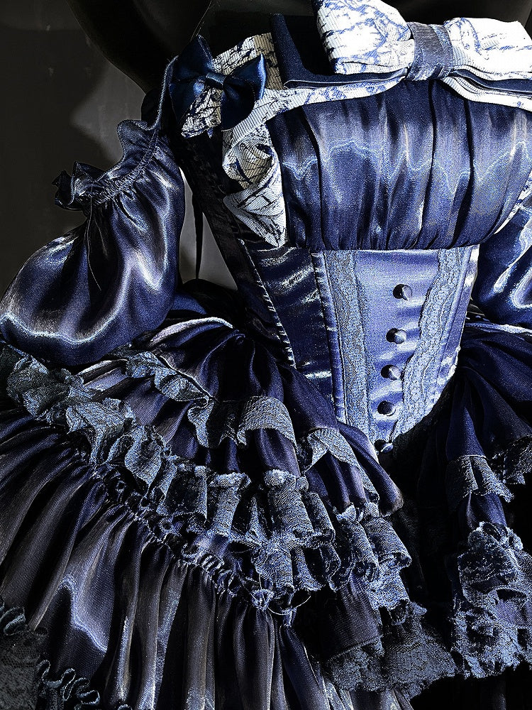 Tiered Dark Princess Accents Dress Blue with Balletcore Lace Basque Waist