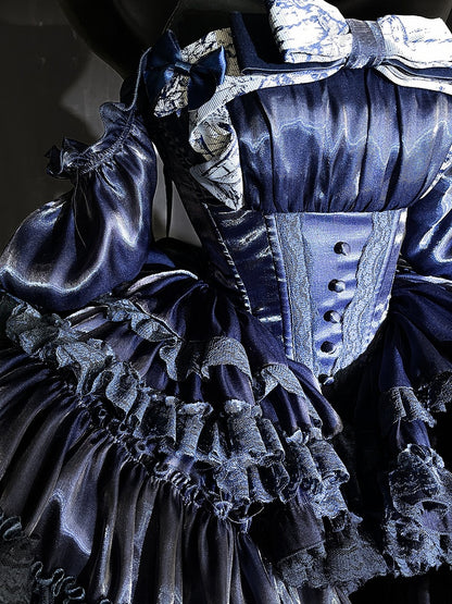 Tiered Dark Princess Accents Dress Blue with Balletcore Lace Basque Waist