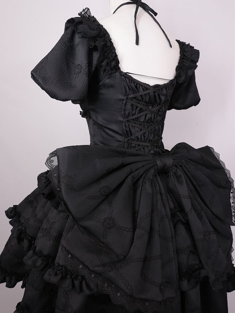 Schwarze Prinzessinnen-Taille am Lolita-Rückenkleid mit Schleifenkorsett, großem OP-Rock und Rüschen