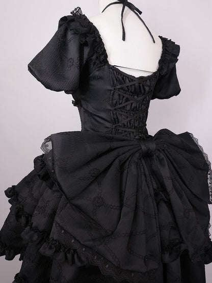 Schwarze Prinzessinnen-Taille am Lolita-Rückenkleid mit Schleifenkorsett, großem OP-Rock und Rüschen