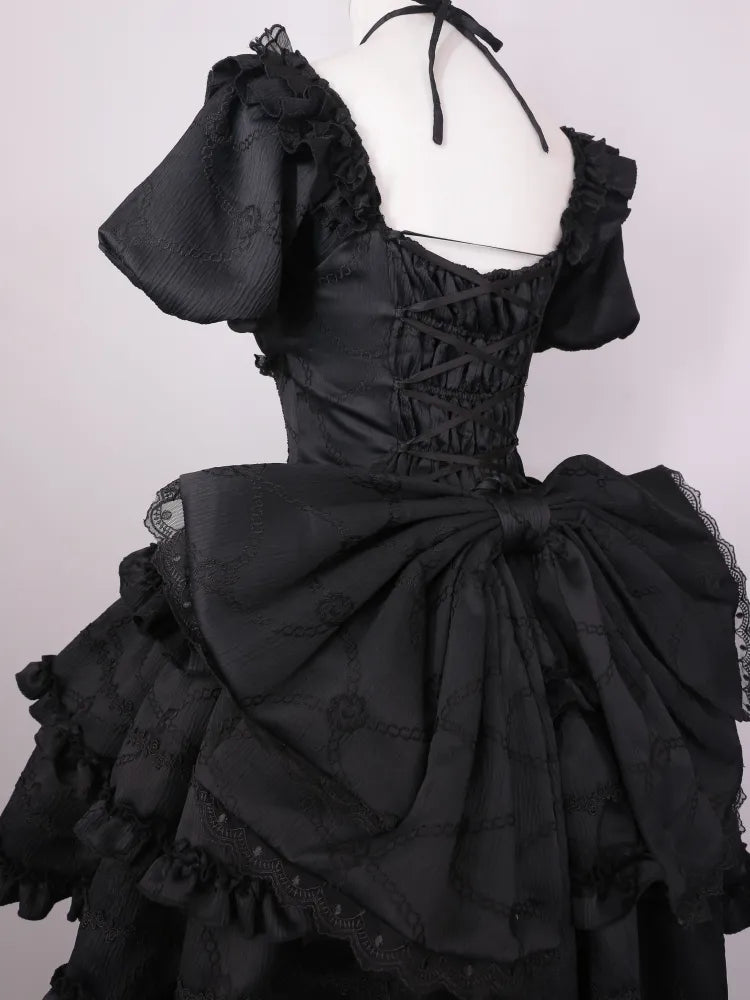 at Ruffle Waist Princess Lolita OP Dress Back Big Bow with Corset Black Skirt