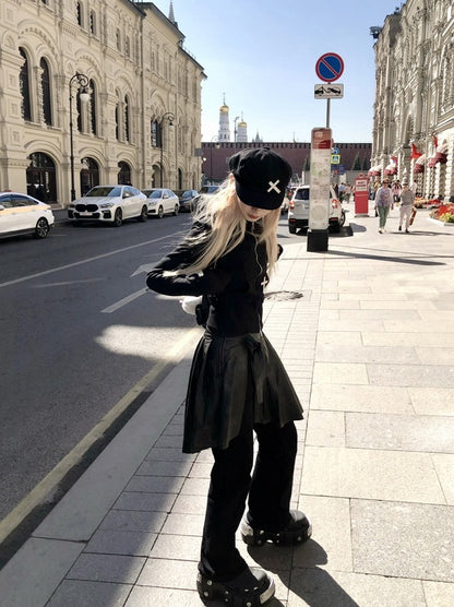 and Mini with PU Sweatpants Attached Black Thigh-High Skirt Slit