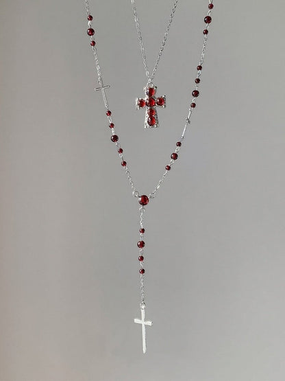 Red Bead Layered Cross Pendant Necklace - YSHXS