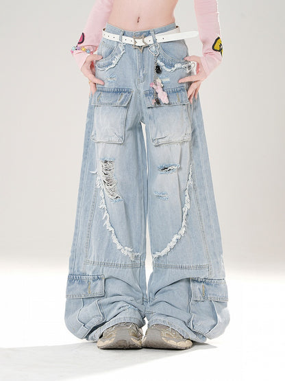 Rise Distressed Holes Wide-Leg Cargo Raw Black/Blue Hem Low