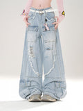Niedriger Saum, Schwarz/Blaue Leibhöhe, Distressed-Löcher, Raw-Cargohose mit weitem Bein