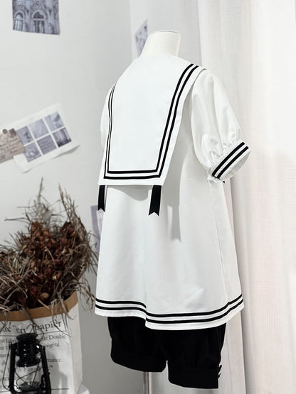 and Sailor Collar Black Shirt White Shorts Sleeves Short