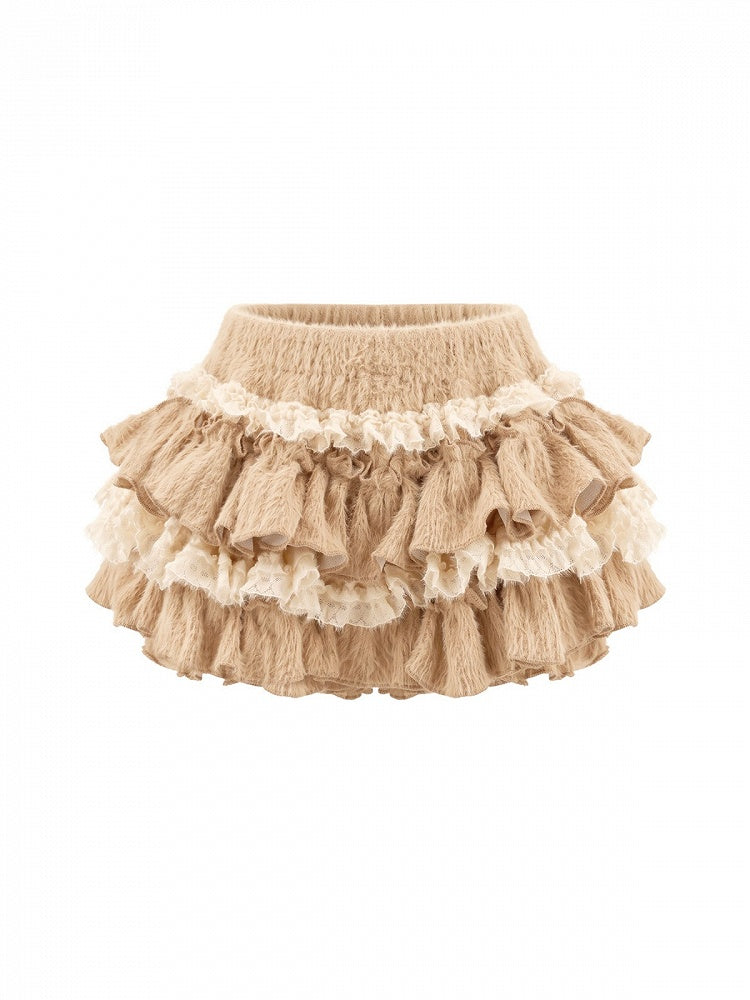 Kawaii Coffee Knit Tiered Ruffle Skirt with Built-In Shorts for Autumn - serendipity