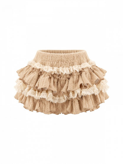 Kawaii Coffee Knit Tiered Ruffle Skirt with Built-In Shorts for Autumn - serendipity