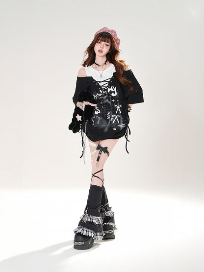 ブラック/ホワイト レイヤード ブロケット コア ダブルミニスカート