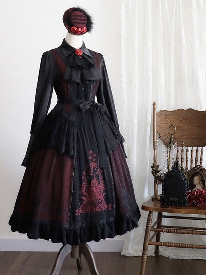 Gothic Lolita Dress+Blouse+Brooch Square Set Black Neckline Red Embroidered