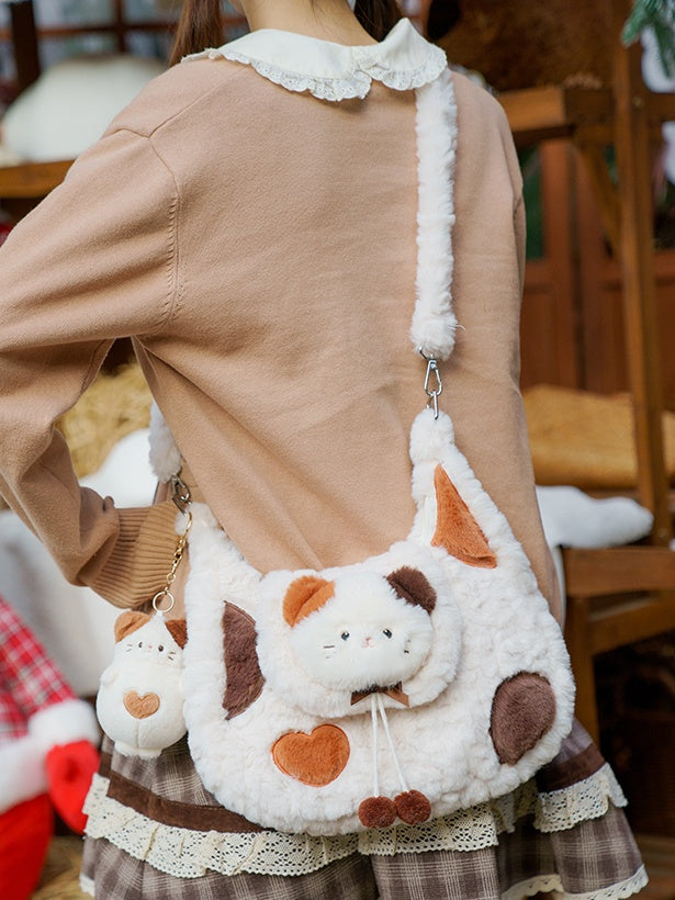 Weiße süße Kätzchen-Plüsch-Umhängetasche mit Pompons