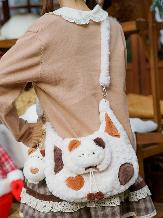 ポンポン付きホワイトキュートなキティぬいぐるみショルダーバッグ