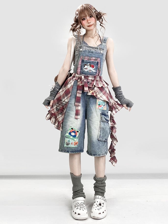 ポケットジーンズ パピー 夏ウエスト キュートアクセサリー チェック柄オーバーオール