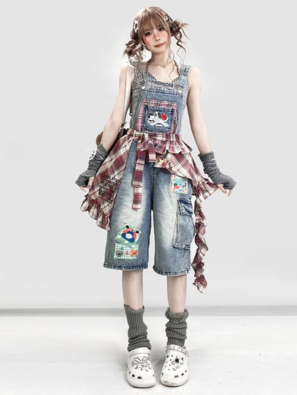 ポケットジーンズ パピー 夏ウエスト キュートアクセサリー チェック柄オーバーオール