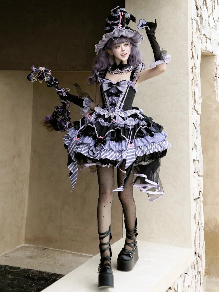 Layered Heart Ribbon Bow Accent Magic Witch Jumper Skirt Dress in Black & Purple - SheepBallad