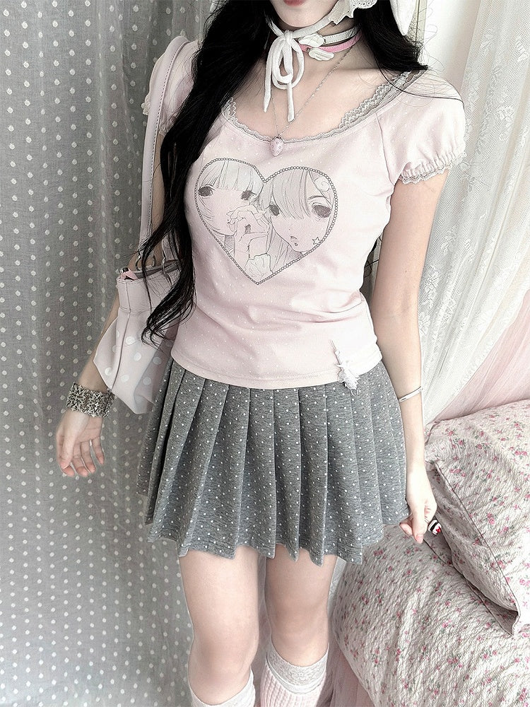 Polka Dot Pleated Pink/Gray Skirt with Fold Waistband - Kyouko Baby