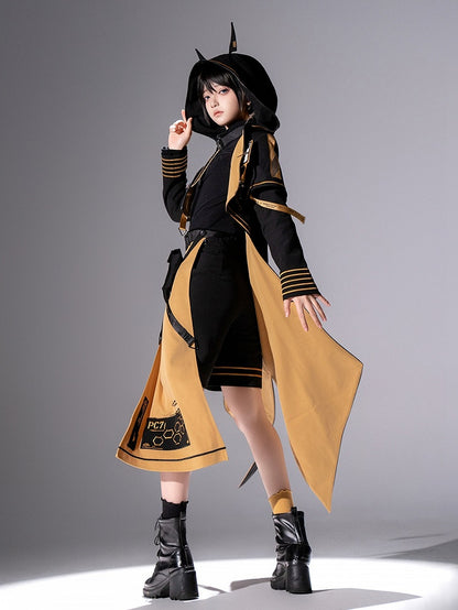 Cyberpunk Ouji Tech-Wear Black & Yellow Hooded Cropped Coat, Size S - Princess Chronicles