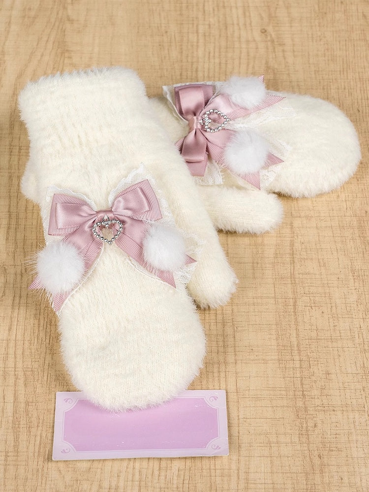 ジライケイ ミルクホワイト/ホワイト＆ピンク/ブラック リボンアクセント ニットグローブ