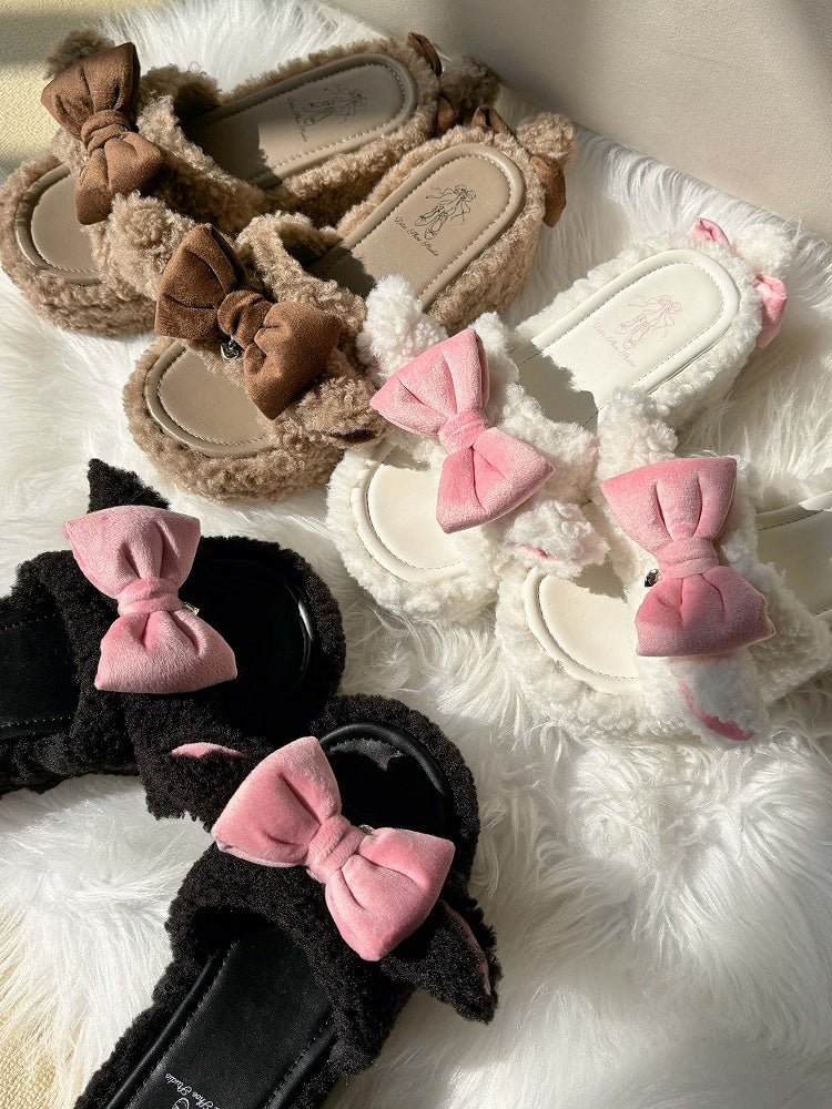 Braune süße Schleife Akzente Lamm Ohren Plattform Winter Slipper
