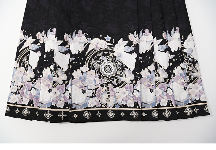 Black Moon Rabbit Cheongsam Style Pleated Midi Skirt