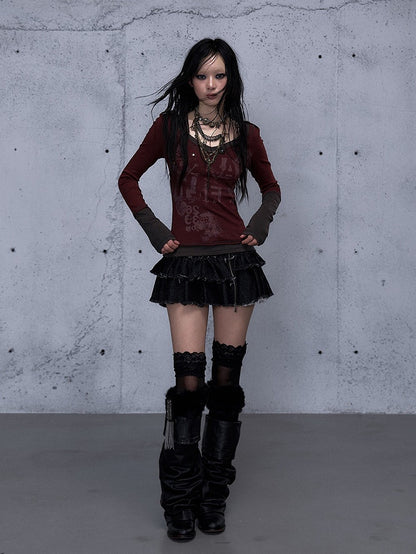 Top Patchwork Design Long Red Rock Sleeve Punk Wine Print with Letter
