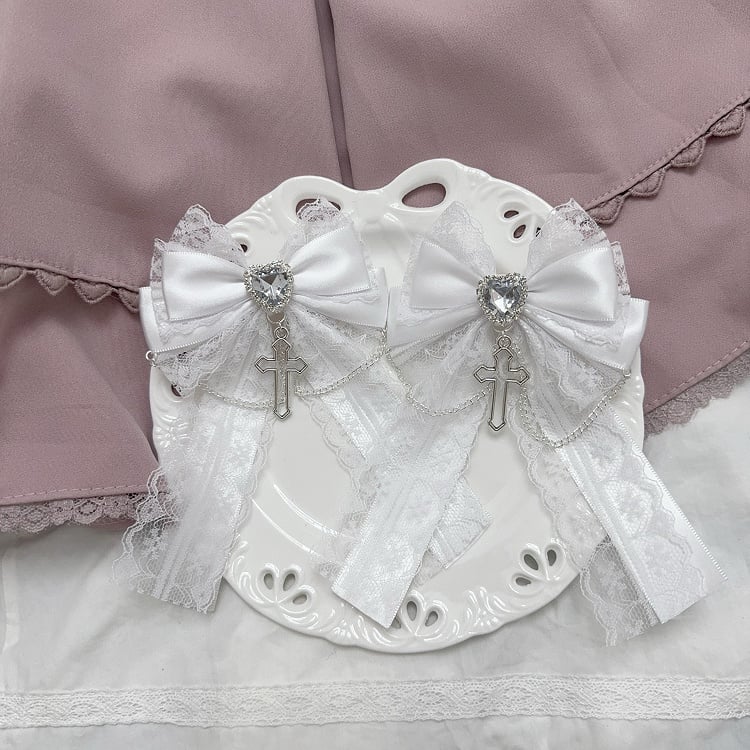 Charm Lace Bow Hairclips White/Pink/Dusty Cross Jirai Kei Pink/Black/Blue