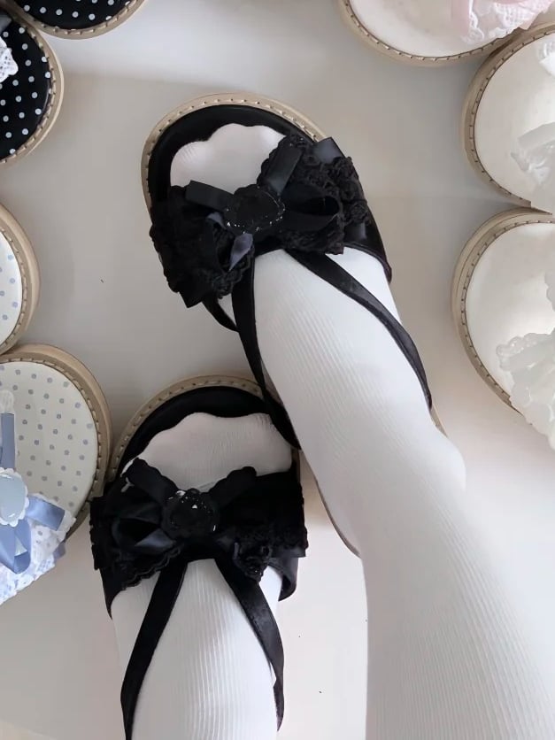 Look Black All Slippers Lolita Bow Wa Top Platform - at Wooden