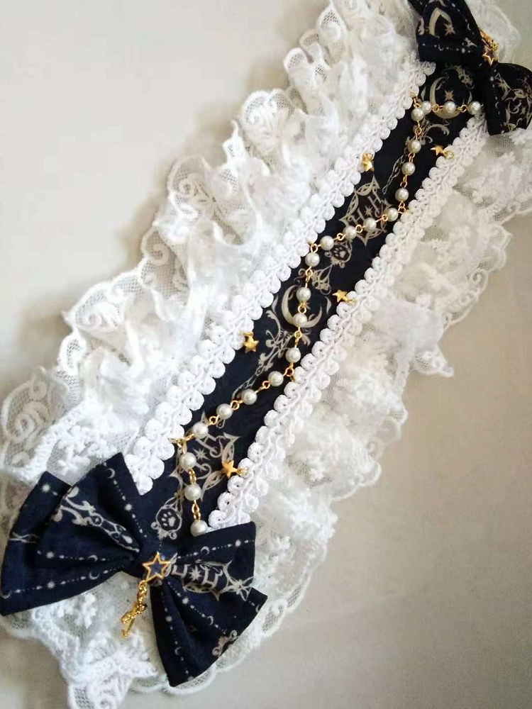 With Star-Moon Lolita Chain Options Hairband 5 Color Pearl Lace Bowknot