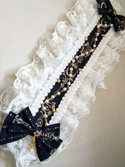 With Star-Moon Lolita Chain Options Hairband 5 Color Pearl Lace Bowknot