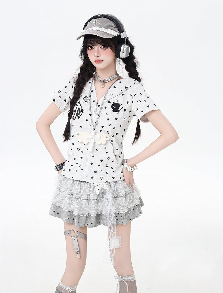 White/Black Y2K Star and Heart Print Zip-up Off Kitty Ears Hood Allover Jacket