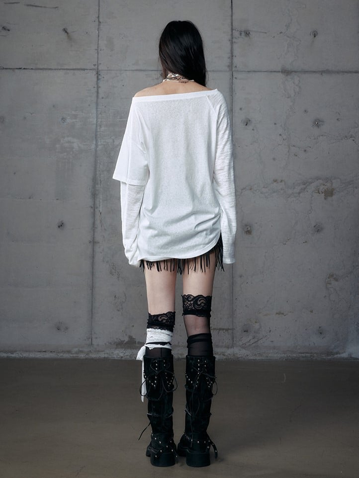 White Grunge Aesthetic Heart Off-Shoulder Print Stud Distressed Cross Punk with Top Details Charm Wasteland