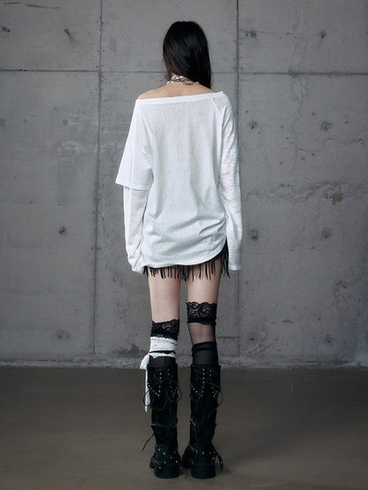 White Grunge Aesthetic Heart Off-Shoulder Print Stud Distressed Cross Punk with Top Details Charm Wasteland