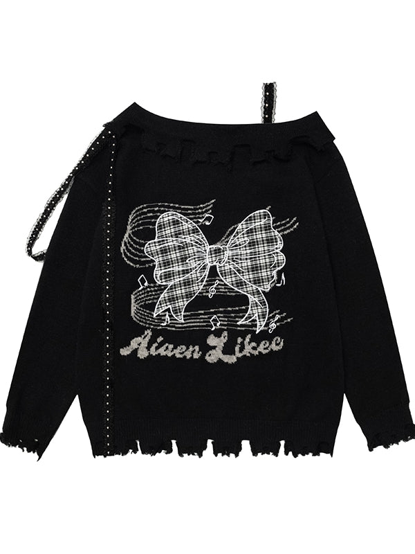 Pink/Black/White Bowknot Applique Asymmetrical Neckline Sweater Distress Trim
